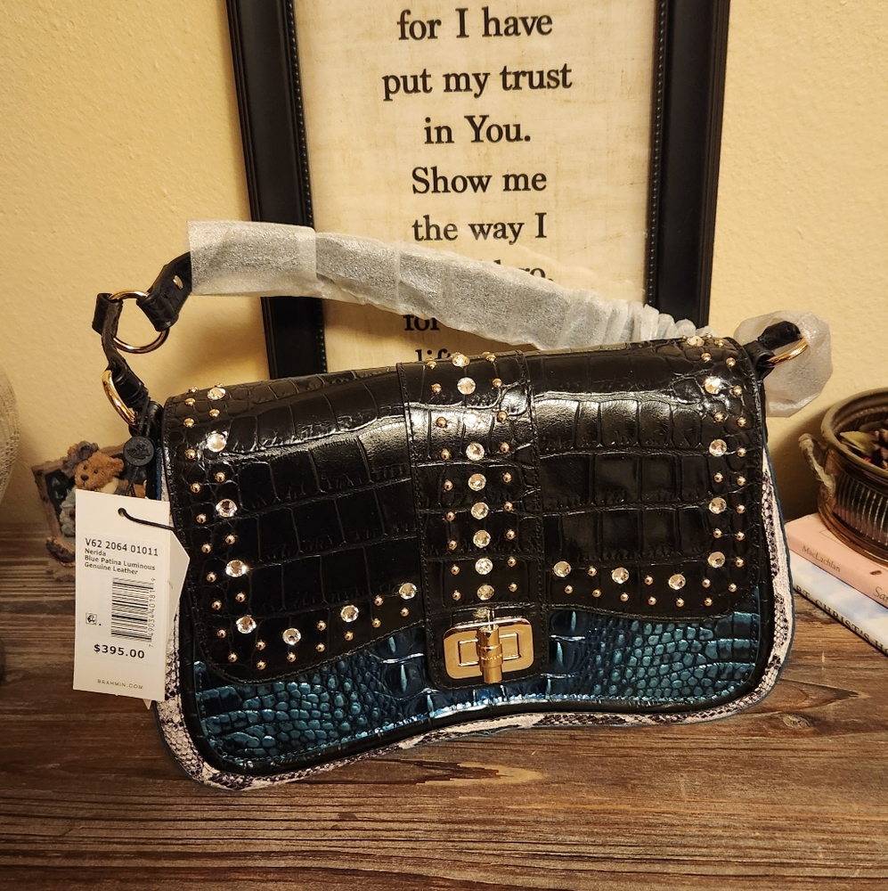 NWT~Exclusive Brahmin Nerida Blue Patina  Luminous Crystal Shoulder Bag